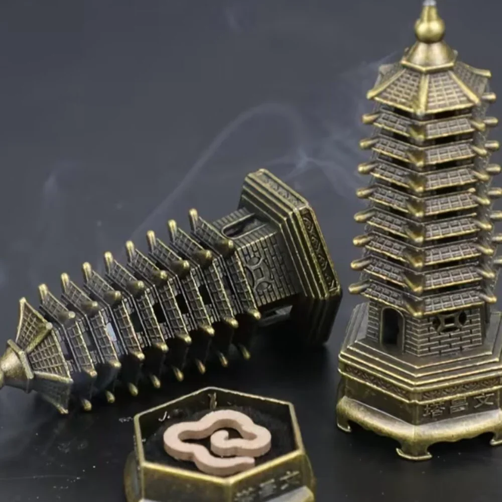 Mini Wenchang Pagoda Brass Incense Holder Feng Shui Study Desk Focus Zen Decor